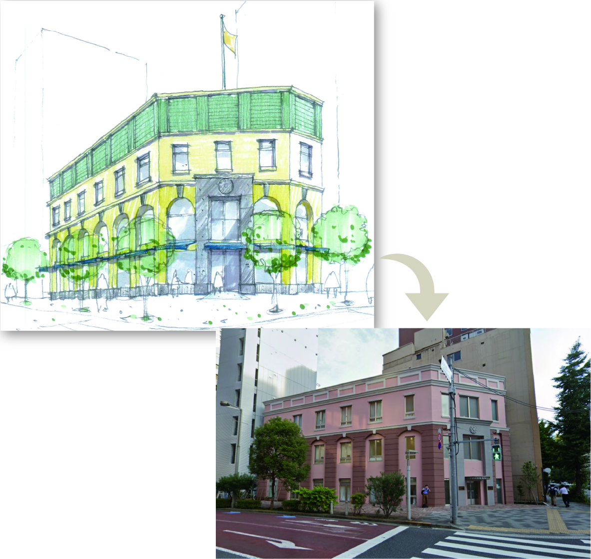 計画時ファサードデザインと完成した建物（北東）