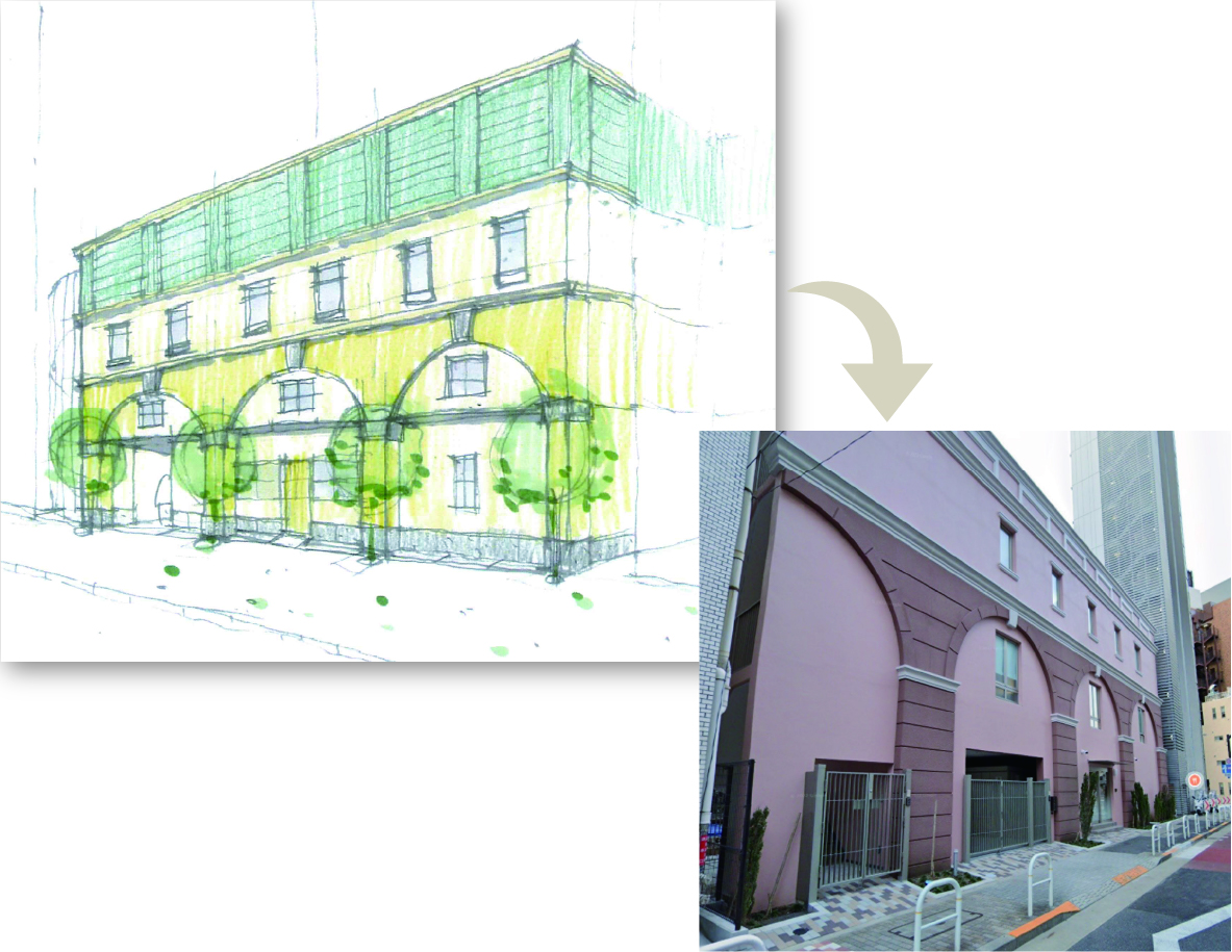 計画時ファサードデザインと完成した建物（西側）